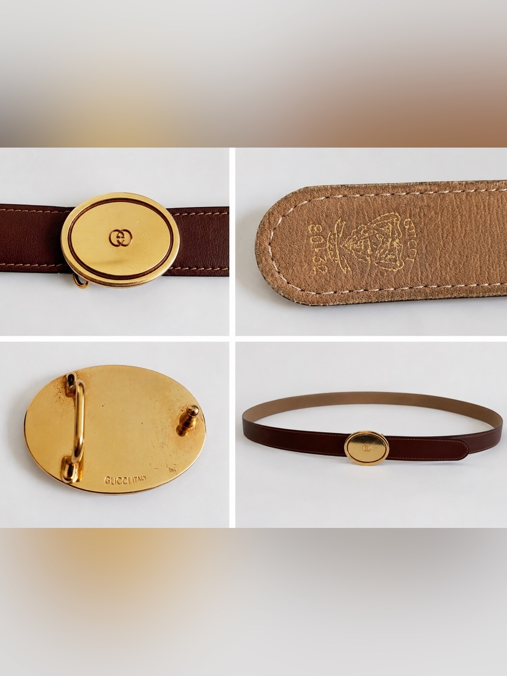 Vintage Gucci Brown Leather Belt with Gold Oval GG Buckle – Made in ITALY